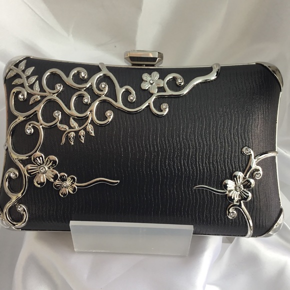 Fabulous Dark Grey Silver Scroll Detail Evening Bag - Picture 3 of 14